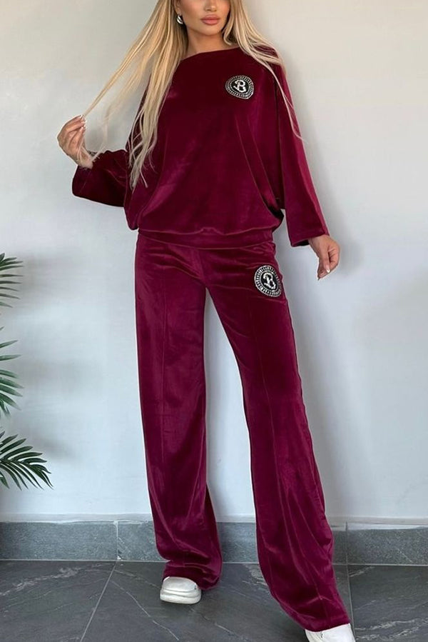 Solide Farbe Samt Rundhalsausschnitt Fledermaus Ärmel Casual Top und elastische Taille lose Tasche Hosen Set