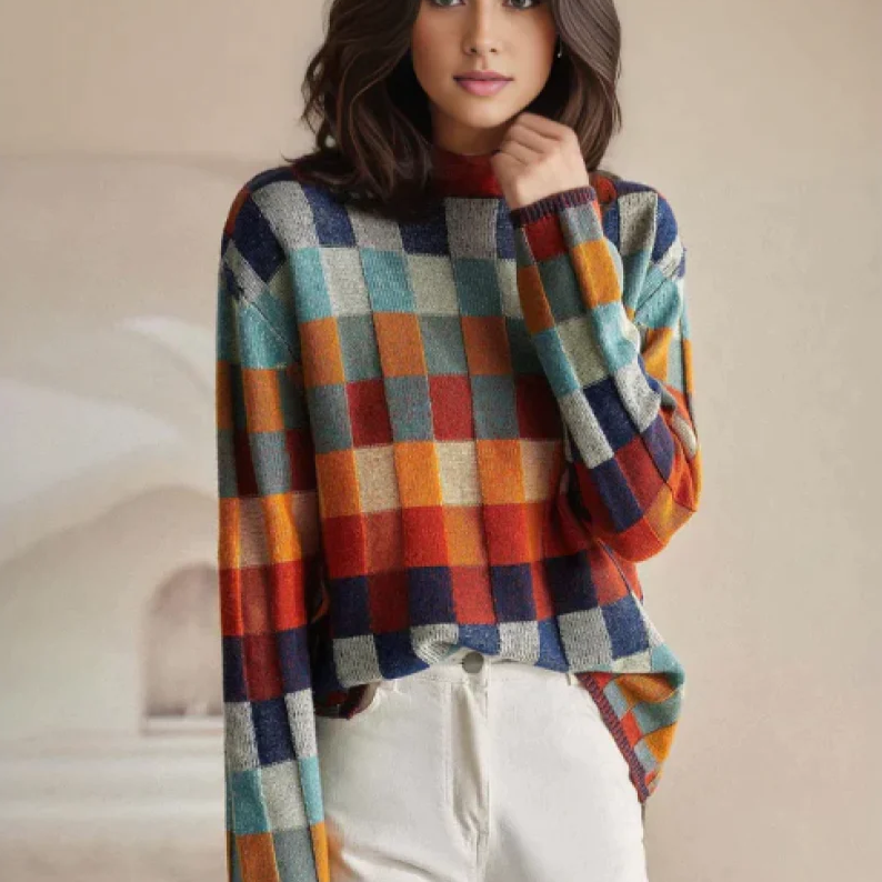 Lynn™ |-Bunter Rollkragenpullover mit Patchwork-Strickmuster